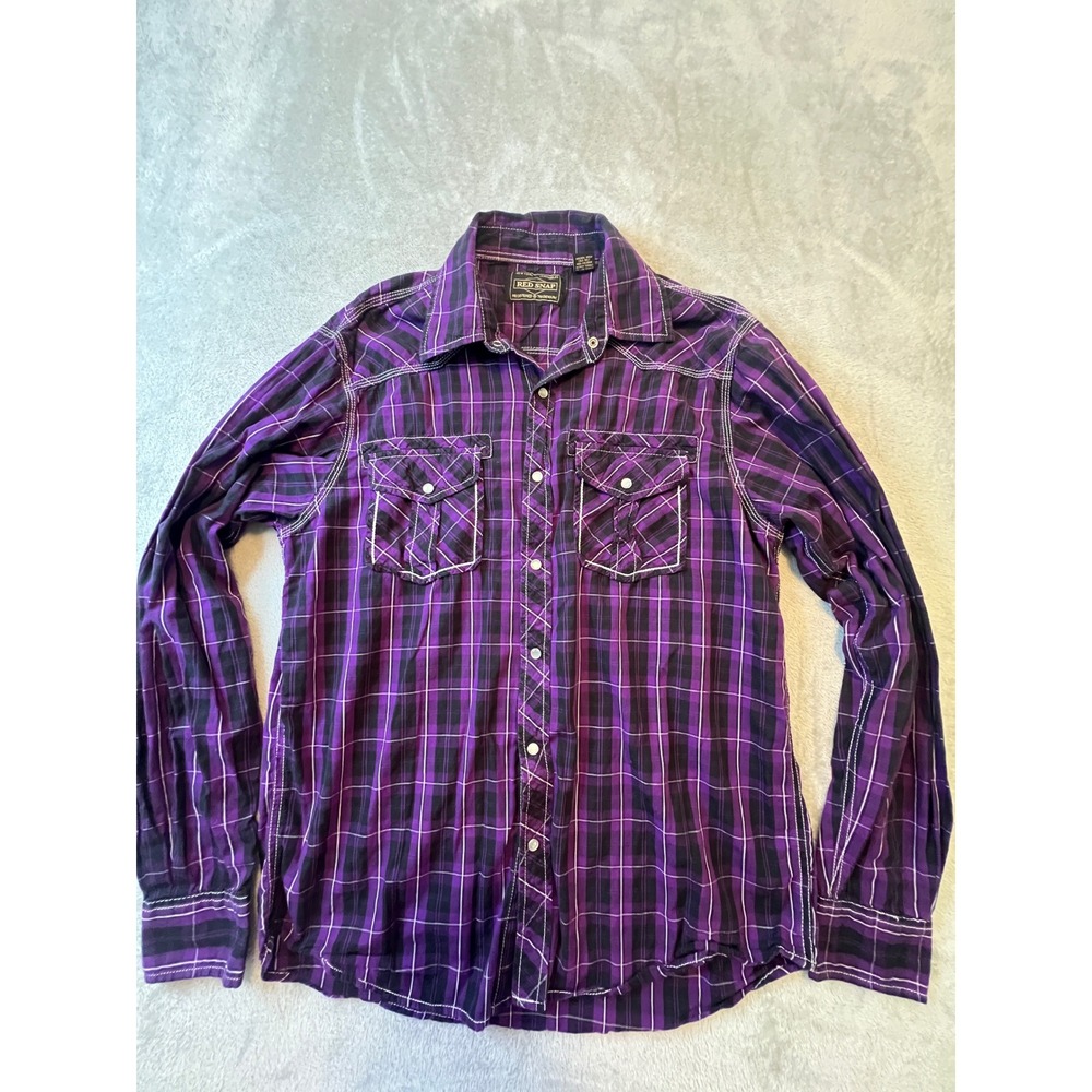 Red Snap Western Shirt Mens Large Purple Plaid Pearl Snap Long Sleeve